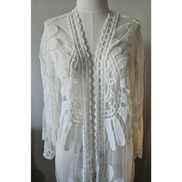 White Embroidered Lace Duster Kimono Long Coverup See through - Picture 1 of 8